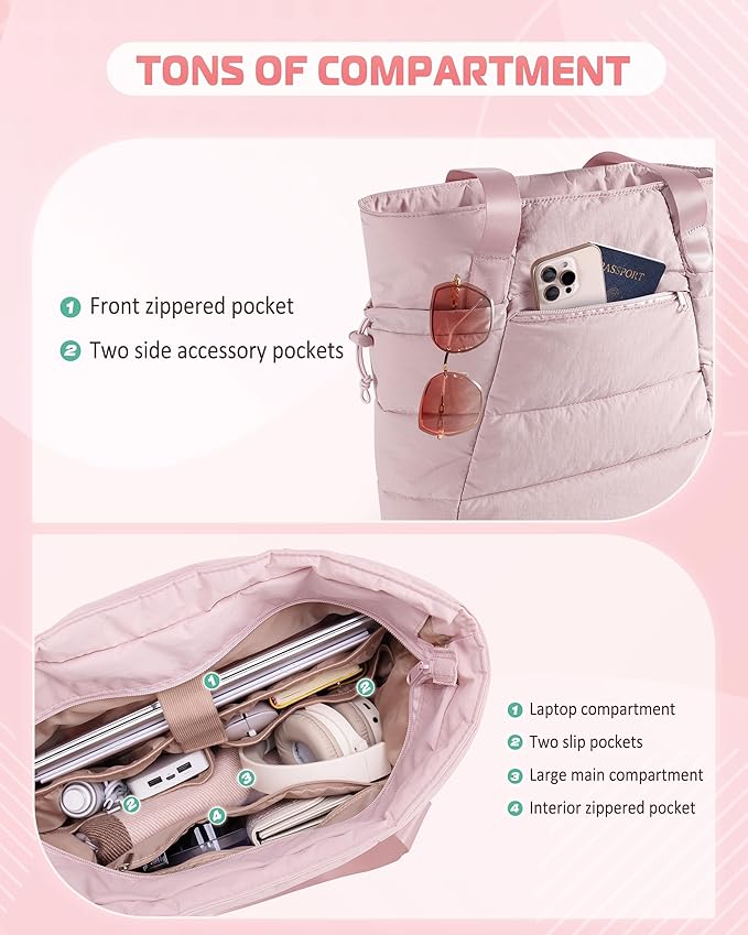 Puffer Tote Bag for Women, Lightweight Tote Bag for Work and School, Pink