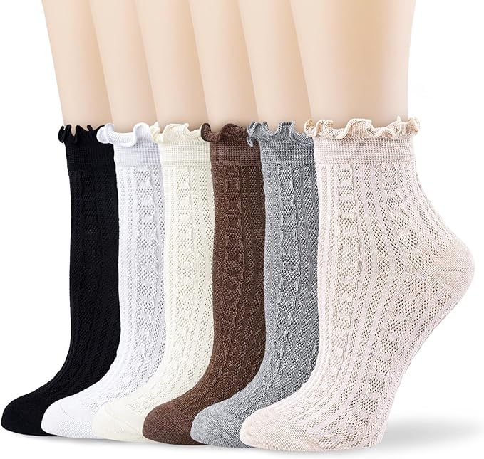 Mcool Mary Womens Crew Socks Ruffle Casual Cotton Frilly Breathable Cute Knit Lettuce Trim Dress Ankle Socks 6 Pack