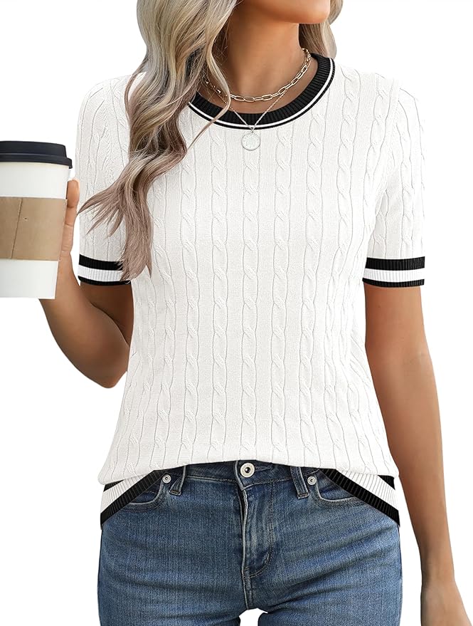 Micoson Womens Short Sleeve Cable Knit Sweater Tops Crewneck Lightweight Spring Summer Shirts Business Dressy Casual Outfits