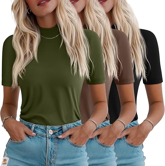 Ficerd 3 Pack Women's 1/2 Sleeve Mock Turtleneck Shirts, Elbow Length Shirt Half Sleeve Tunic Top Casual Summer Basic Tees