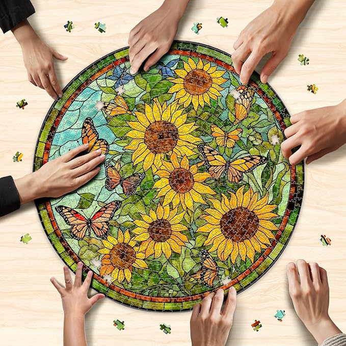 Naturelish Sunflower Stained Glass Puzzles Jigsaw for Adults 1000 Pieces, Brain Challenging Puzzle for Game Night, Family, Friends, Round Puzzles Diameter 25.6 in