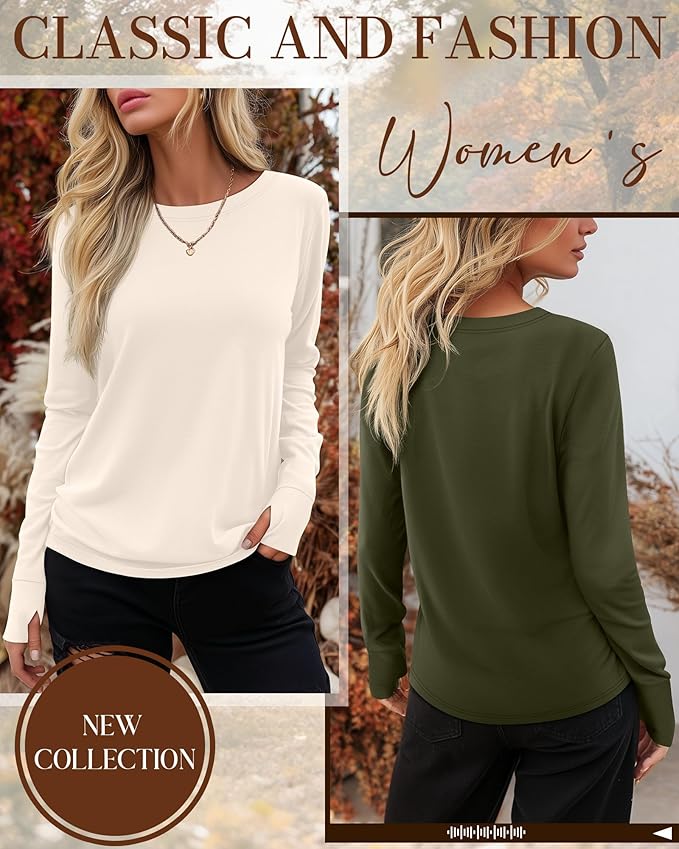 Huukeay 3 Pack Women's Long Sleeve Shirts with Thumb Holes, Cotton Casual Crew Neck Tunic Tops Fall Loose Y2k Trendy Outfits