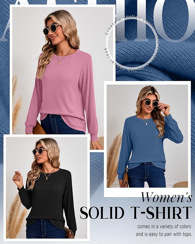 Ficerd 3 Pack Women's Long Sleeve Shirts, Cotton Crew Neck Tunic Tops Casual Loose Fit Pullover Sweatshirts Curved Hem Shirts