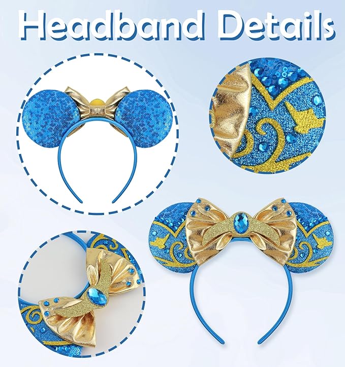 LIHELEI Mouse Ears Headband, Princess Jasmine Headbands for Women Birthday Party, Sequin Bows Headwear Hair Accessories for Women - Aladdin blue Headband