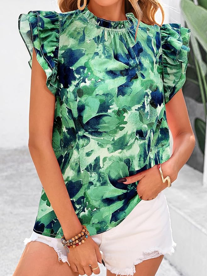 PRETTYGARDEN Women's Ruffle Short Sleeve Summer Tops 2026 Trendy Floral Trim Neck Casual Dressy Chiffon Boho Blouses Shirts