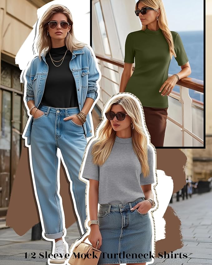 Ficerd 3 Pack Women's 1/2 Sleeve Mock Turtleneck Shirts, Elbow Length Shirt Half Sleeve Tunic Top Casual Summer Basic Tees