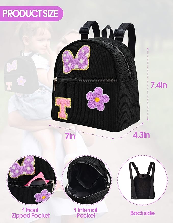 2 3 4 5 6 Year Old Girl Gifts Chenille Initial Mouse Bow Mini Backpack, Corduroy Toddler Backpacks Christmas Birthday Gifts for Girls 2-4 5-6, Black Mini Diaper Bag Must Haves for Park Travel Letter T