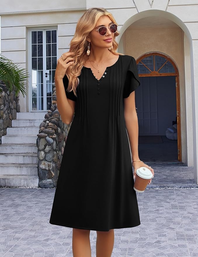 Zeagoo Women's Casual Dresses with Pockets Summer Floral V-Neck A-Line Tshirt Dress Short Sleeve Mini Dress Beach Sundress