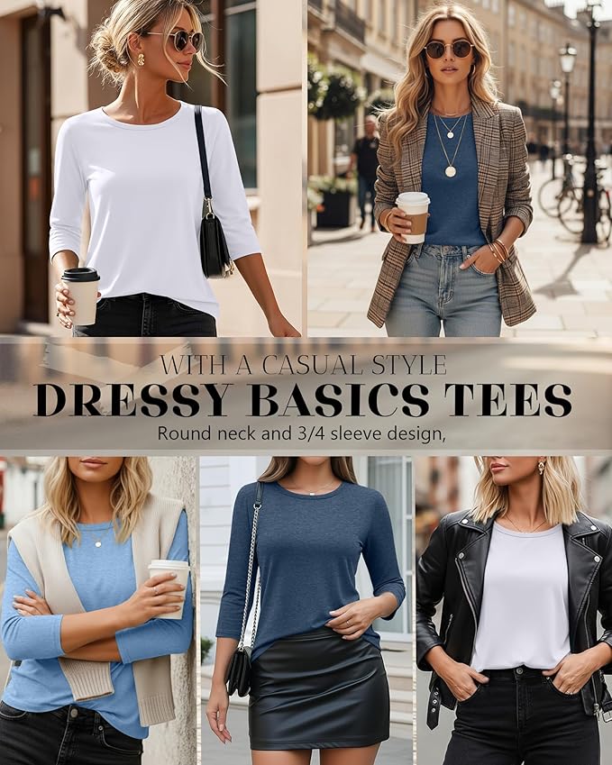Ficerd 3 Pack 3/4 Sleeve Tops for Women Round Neck Dressy Basics Tees Casual Trendy Loose Fit T Shirts
