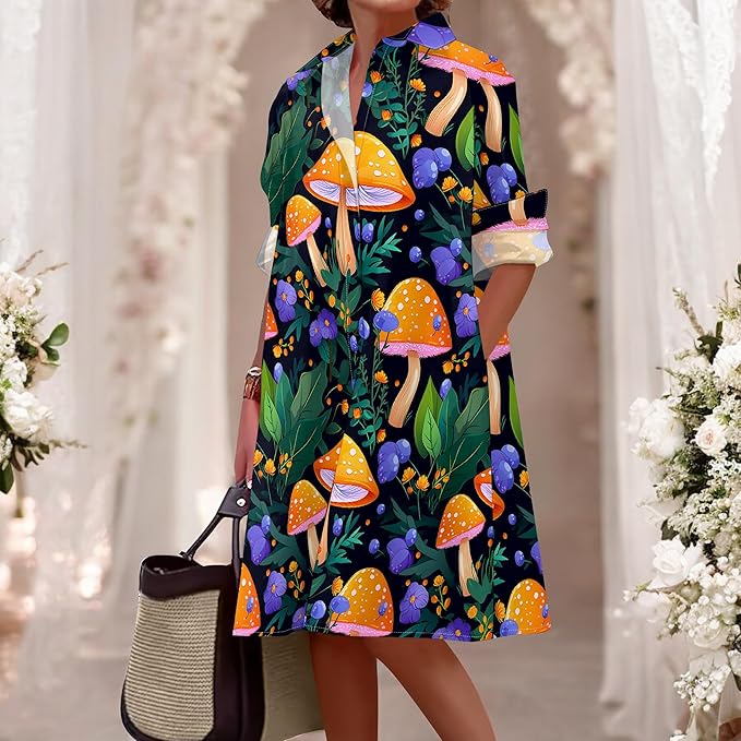 Shirt Dresses for Women 2025 Summer Long Sleeve Casual Plus Size Floral Printed Beach Vacation Dress with Pockets