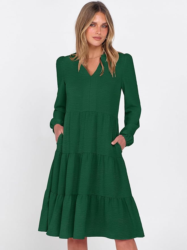 ANRABESS Womens Fall Midi Dresses Long Sleeve V Neck Swing Tiered Work Business Casual 2026 Flowy Beach Vacation Dress