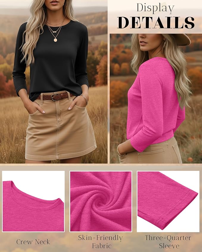 Ficerd 3 Pack 3/4 Sleeve Tops for Women Round Neck Dressy Basics Tees Casual Trendy Loose Fit T Shirts