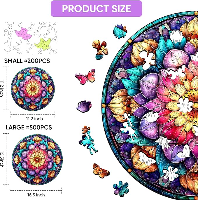 MEATRN Mandala Flowers Wooden Puzzles for Adults - 200 Pcs, 11.2x11.2 in, Fun Educational Wood Jigsaw Puzzle, Relaxing Wood Puzzle Game for Family & Friends Birthday Gift