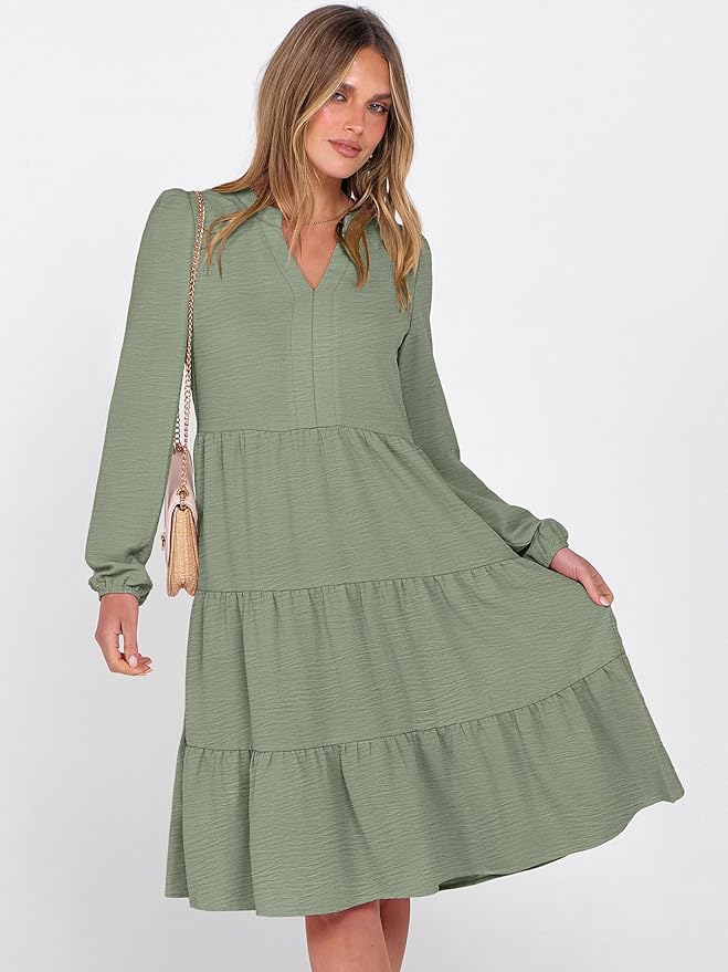 ANRABESS Womens Fall Midi Dresses Long Sleeve V Neck Swing Tiered Work Business Casual 2026 Flowy Beach Vacation Dress