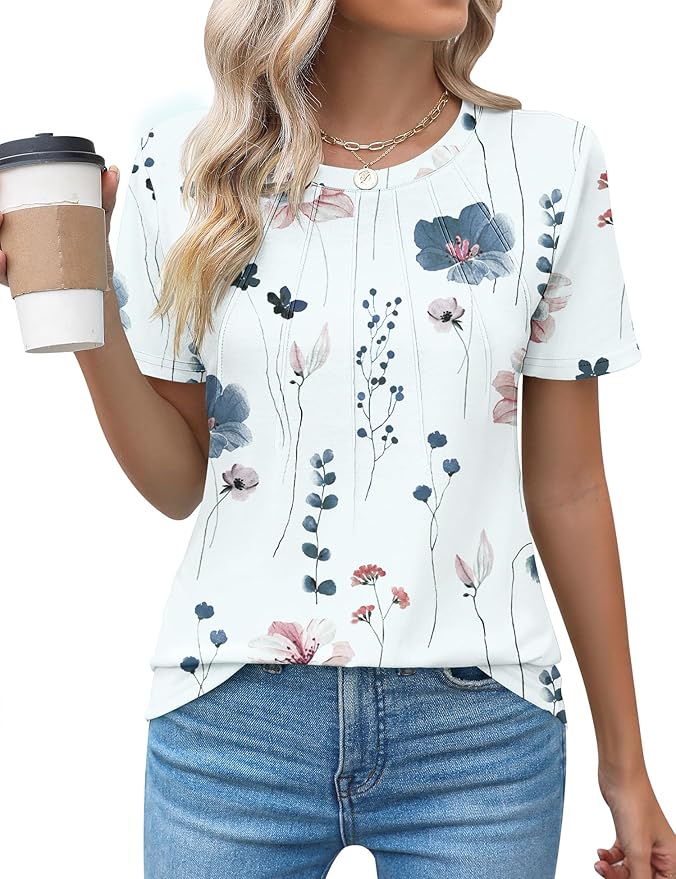 Kistore Womens Casual Crew Neck Short Sleeve Pleated Tops Blouses Fashion Clothes 2026