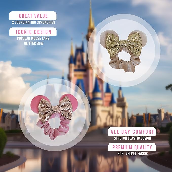 Styla Hair 2pk Velvet Scrunchies for Women - Sparkle Sequins Hair Bands for Pony Tail Mickey Ears (Pink Ivory)