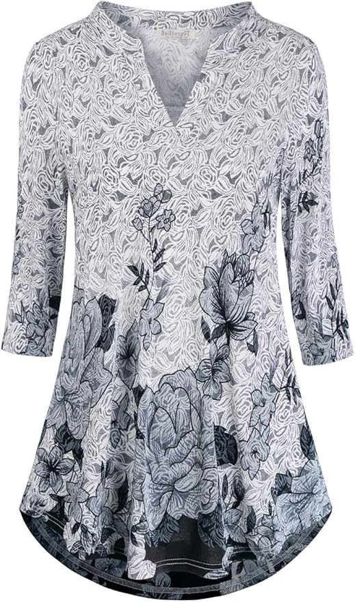 BAISHENGGT 3/4 Sleeve Tops for Women Notch V Neck Floral Work Blouses Dressy Casual Loose Fit Going Out Tunic Tops