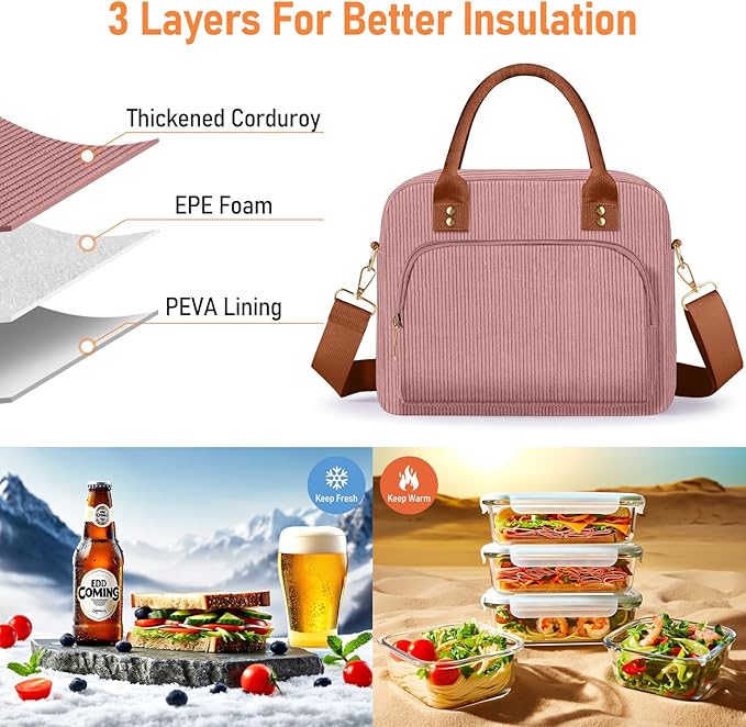 Lunch Bag Large Insulated Lunch Box for Women Men Adult Cute Pink Lunchbox Corduroy Lunch Bags Boxes Pail with Adjustable Shoulder Strap for Work Mom Picnic Office Travel 11.4×6.8×9.1 inches 11.5L