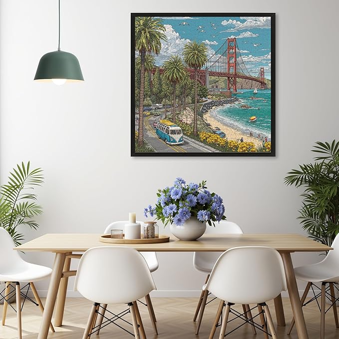 Naturelish 1000 Piece Jigsaw Puzzle for Adults, Cityscape Jigsaw Puzzle, Vibrant California Coastline with Golden Gate Bridge, Palm Trees & Tour Bus, Challenging Art Puzzle, 22.5 x 22.5 in