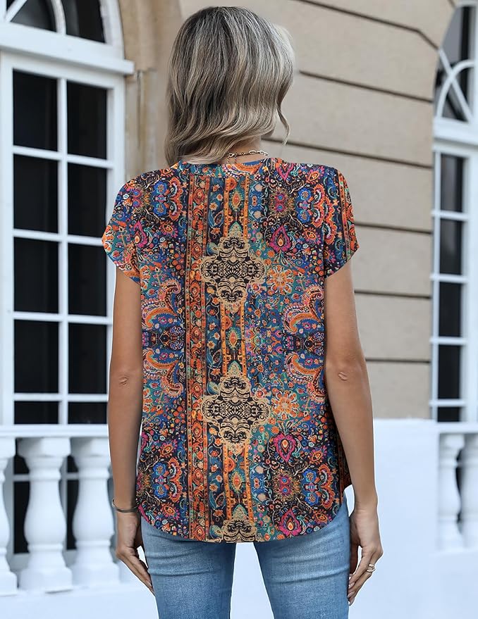 Zeagoo Womens Tops Dressy Casual Textured Blouses Cap Short Sleeve Shirts V Neck Button Up Summer Spring Work Tshirt Clothes
