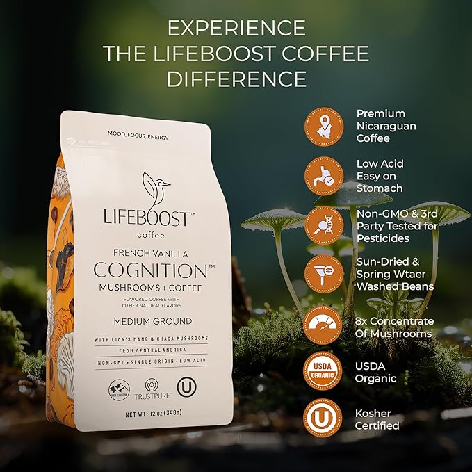 Lifeboost French Vanilla Cognition Mushroom Coffee - Low Acid Medium Organic Coffee with Nootropic Lions Mane & Chaga Mushrooms - Increase Energy, Boost Focus & Immune Support - 12 oz Bag - Ground