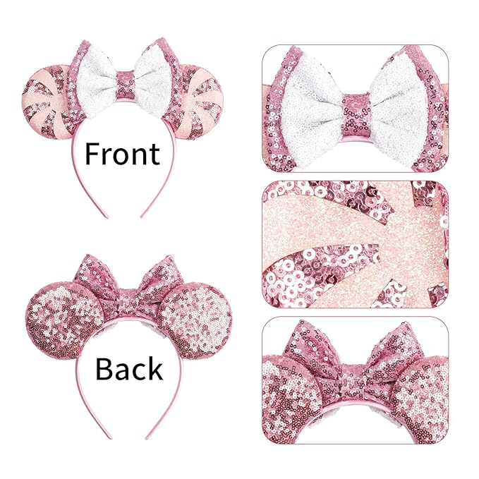 bianbaistar Pink Sequin Mouse Ear Headband – Adorable Candy Stripe Design with Bowknot, Perfect for Birthday Celebrations, Festivals, and Themed Party Costumes