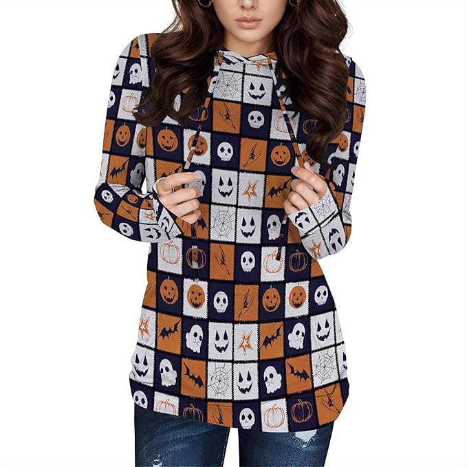 domirica Halloween Hooded Sweatshirt Long Sleeve Pocket Trendy Pumpkin Skull Sweatshirt Halloween Costumes For Holiday Party