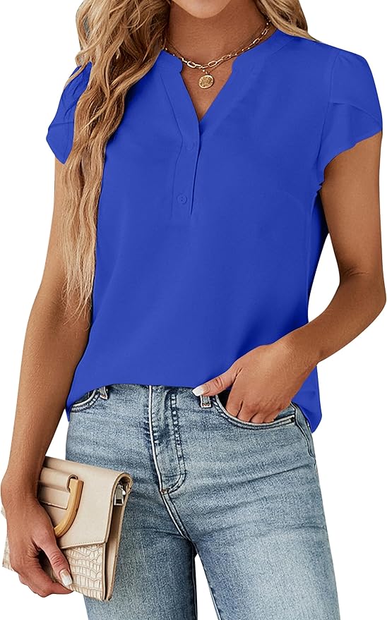 Blooming Jelly Women's Dressy Casual Tops Business Work Blouses White Button Down Shirts Cap Sleeve V Neck Tshirt