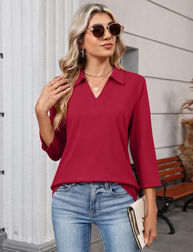 LOMON 3/4 Length Sleeve Womens Tops 2026 Spring Summer Collared Polo Shirts V Neck Casual Basic Polos Tees Shirt