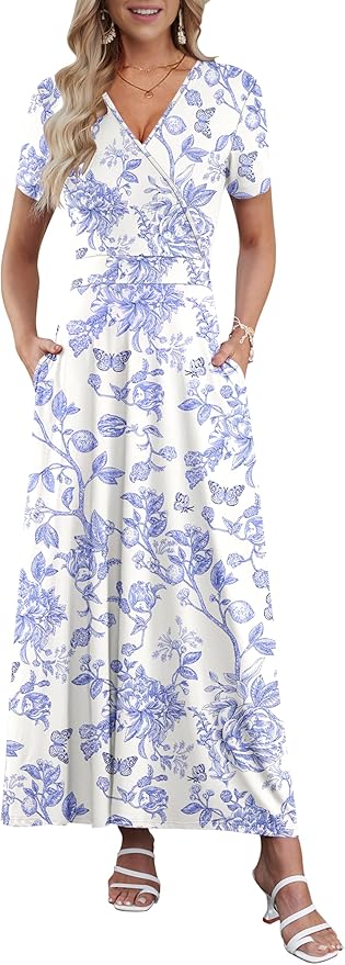 AUSELILY Maxi Dresses for Women Ankle Length Floral Print Beach Long Flowy Dress with Pockets