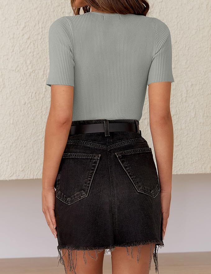 ZESICA Women's Short Sleeve Sweater Tops 2026 Summer Crewneck T Shirt Ribbed Knit Slim Fit Basic Solid Color Tee