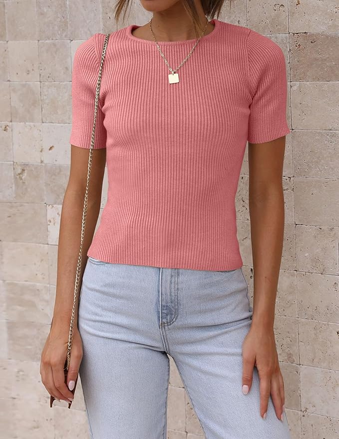 ZESICA Women's Short Sleeve Sweater Tops 2026 Summer Crewneck T Shirt Ribbed Knit Slim Fit Basic Solid Color Tee