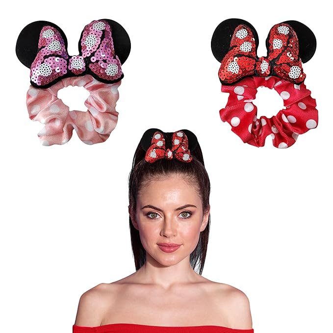 Styla Hair 2pk Mouse Ears Scrunchies, Velvet Hair Bow Scrunchies for Women - Sparkle Sequins Mouse Hair Bands for Pony Tail, Pink Red