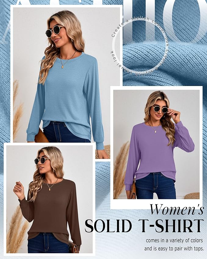 Ficerd 3 Pack Women's Long Sleeve Shirts, Cotton Crew Neck Tunic Tops Casual Loose Fit Pullover Sweatshirts Curved Hem Shirts