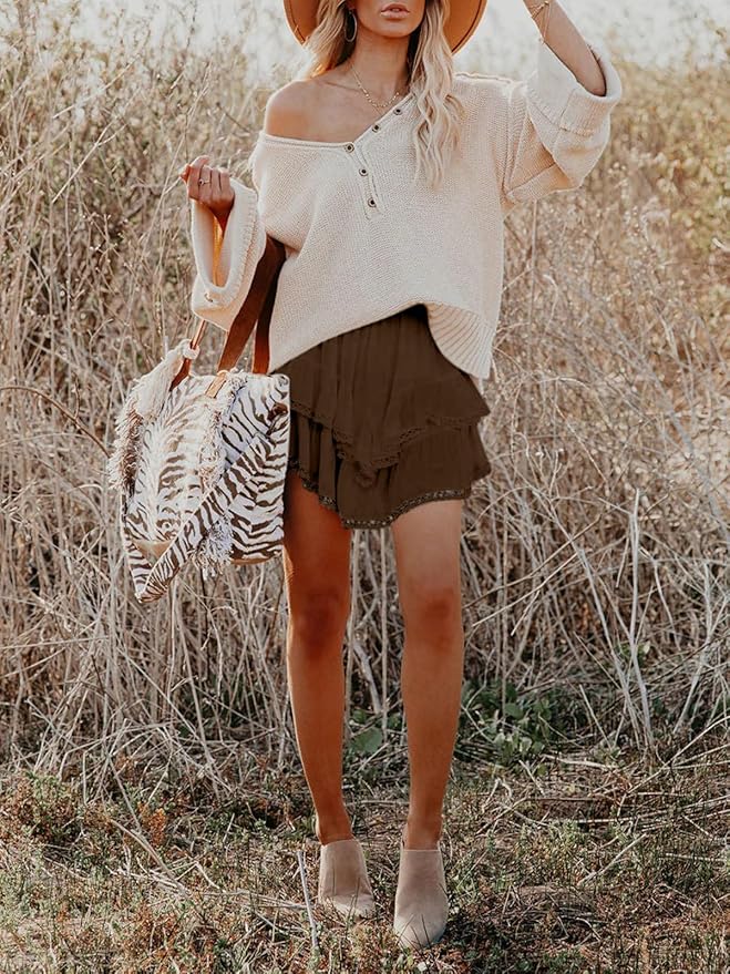 Aoudery Flowy Shorts for Women Casual Boho Ruffle Tiered Skorts High Waist Mini Skirts Golf Tennis Crochet Shorts