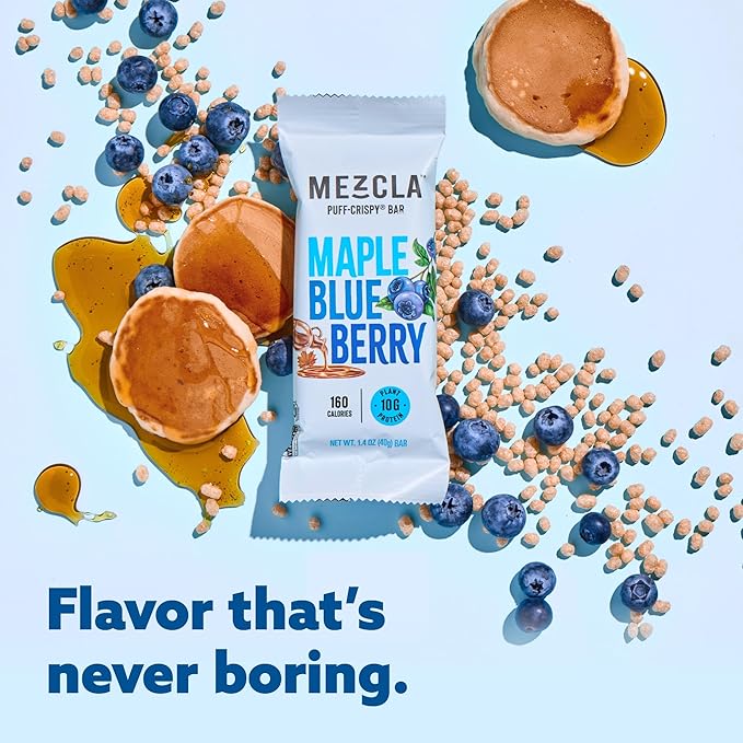 Mezcla Puff Crispy Protein Bars, Gluten Free & Vegan Protein Bars, 10g Protein, Alt for Crispy Rice Treat, Granola Bars & Breakfast Bars, Healthy Snacks for Adults, Maple Blueberry, 12 Pack