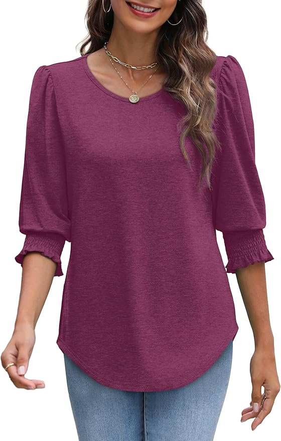 XIEERDUO Blouses for Women Dressy Casual 3/4 Length Sleeve Womens Tops with Smocked Cuffs