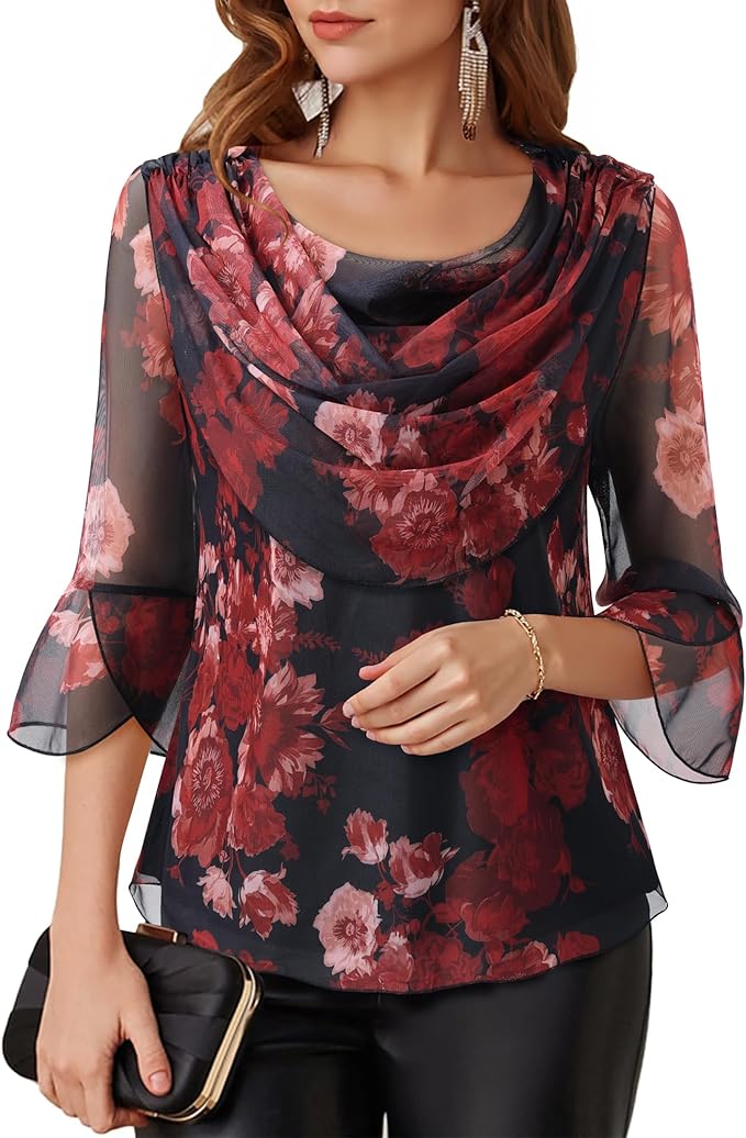 Lotusmile Blouses for Women Dressy Casual 3/4 Sleeve Cowl Neck Sparkly Tops Cocktail Shirts for Evening Party