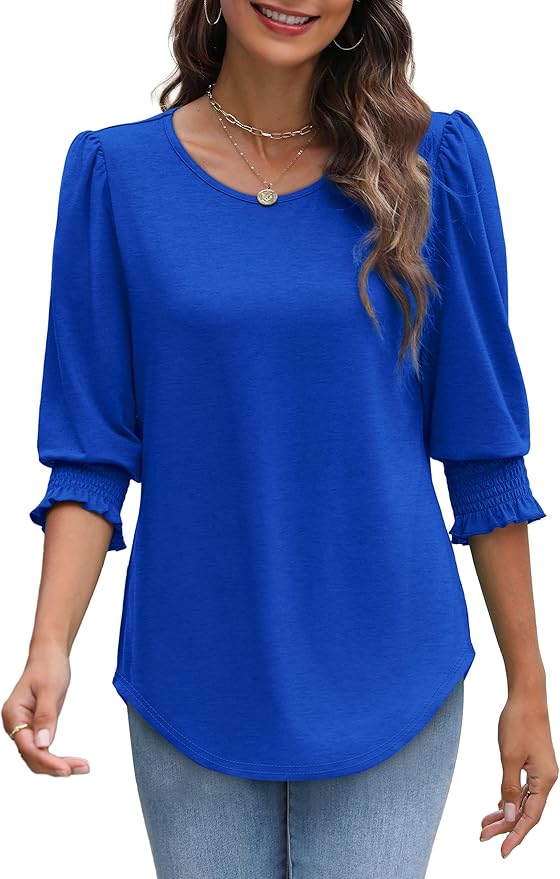 XIEERDUO Blouses for Women Dressy Casual 3/4 Length Sleeve Womens Tops with Smocked Cuffs