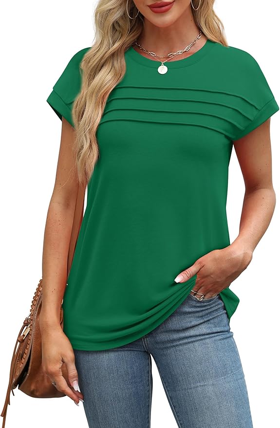 WEESO Womens Summer Tops Trendy 2026 Cap Sleeve T Shirts Crew Neck Pleated Front Beach Vacation Clothes Fashion