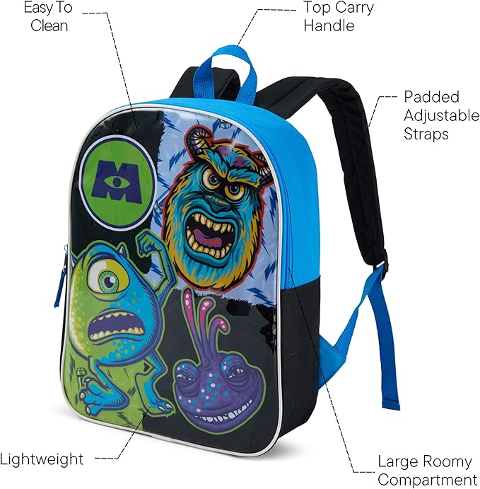Disney Monsters Backpack for Kids - Cute & Durable Kids Backpack for Boys with Padded Straps & Zip Compartment - Ideal Toddler Bookbag for School & Travel - 15”
