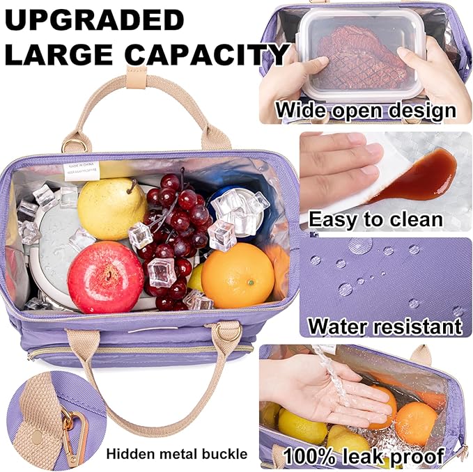 AIJIEKE Lunch Bag for Women, Leakproof & Insulated Work Lunch Box Tote, Reusable Adult Cooler Bag with Water Bottle Side Pocket & Removable Shoulder Strap, Purple