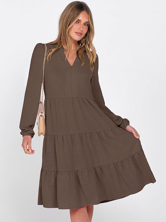 ANRABESS Womens Fall Midi Dresses Long Sleeve V Neck Swing Tiered Work Business Casual 2026 Flowy Beach Vacation Dress
