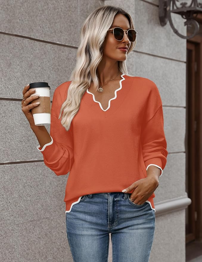 Zeagoo Women's 2026 Fall V Neck Sweater Casual Long Sleeve Lightweight Ribbed Knit Pullover Sweaters Dressy Casual Tops