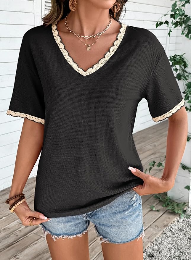 Dokotoo Womens Summer Tops Casual Short Sleeve Lace T-Shirts Solid V Neck Waffle Knit Shirts Blouses