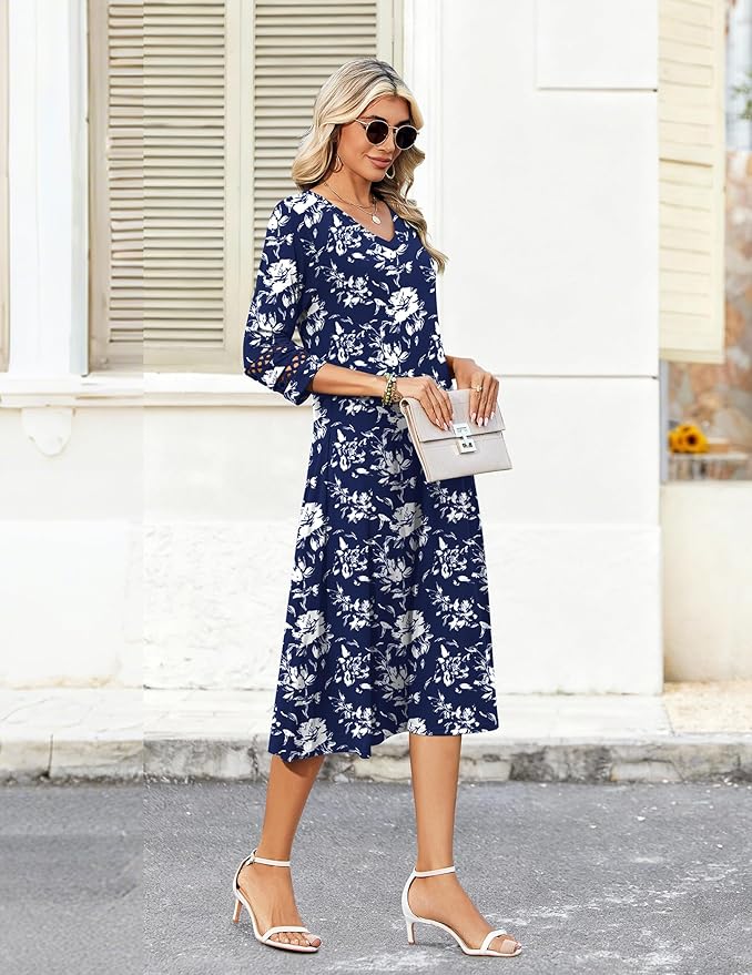 Zeagoo Women's Dresses 3/4 Sleeve Summer Casual V-Neck A Line Flowy Eyelet Midi Dress for Women Beach Vacation Sundress