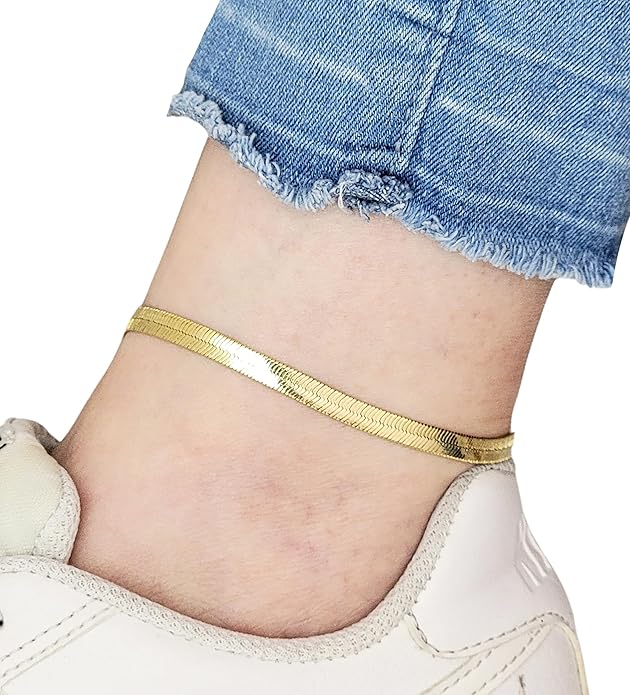 BA UNIQUE FASHION Gold Electroplated Anklet for Women, 9-12 Inch Sizes, Figaro, Cuban, Mariner, Herringbone Design - Made in Korea