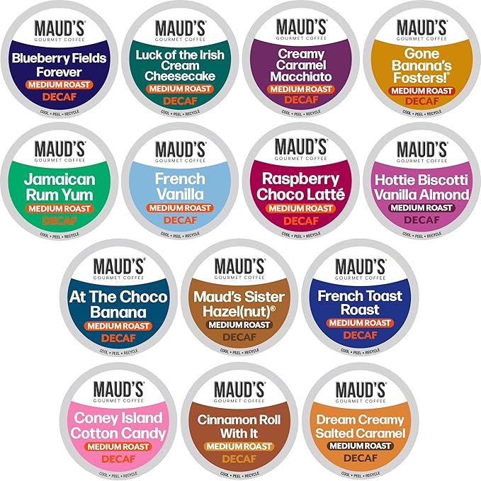 Maud's Flavored Decaf Coffee Pods Variety Pack, 80 ct,14 Assorted Roasts & Flavors, Decaf Medium Roast Coffee in Recyclable Single Serve Pods - 100% Arabica Coffee, Compatible with Keurig K Cups Maker