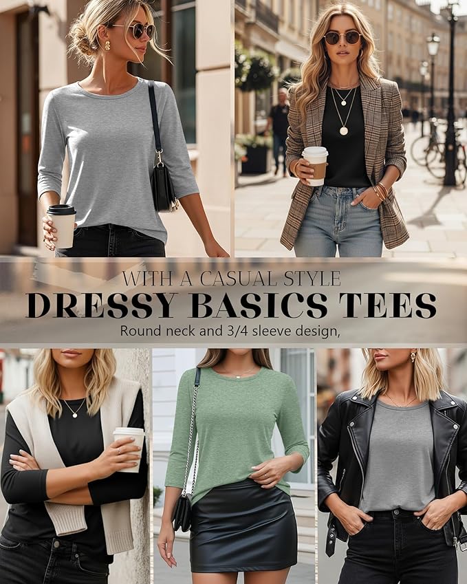Ficerd 3 Pack 3/4 Sleeve Tops for Women Round Neck Dressy Basics Tees Casual Trendy Loose Fit T Shirts