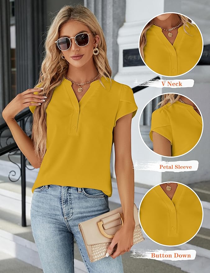 Blooming Jelly Women's Dressy Casual Tops Business Work Blouses White Button Down Shirts Cap Sleeve V Neck Tshirt